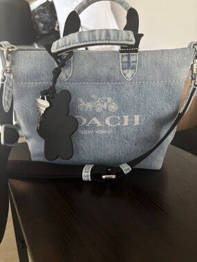 Coach Light Blue Denim Crossbody Tote with Black Charm